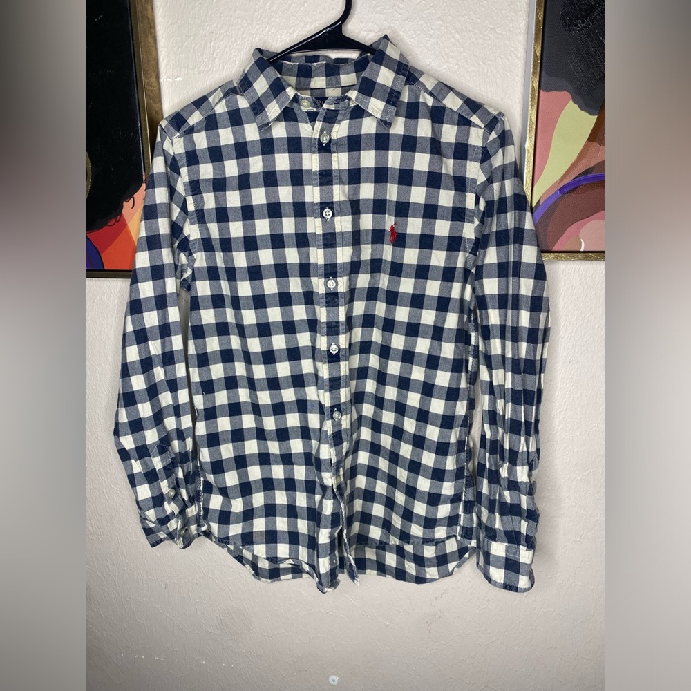 Polo Ralph Lauren Boys Button Down Shirt.  Navy, Cream Checkered Print with Red